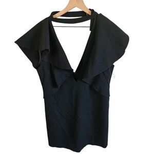 Goen. J Black Wool Ruffled Shoulder Mini Dress with Tie Neck NWT